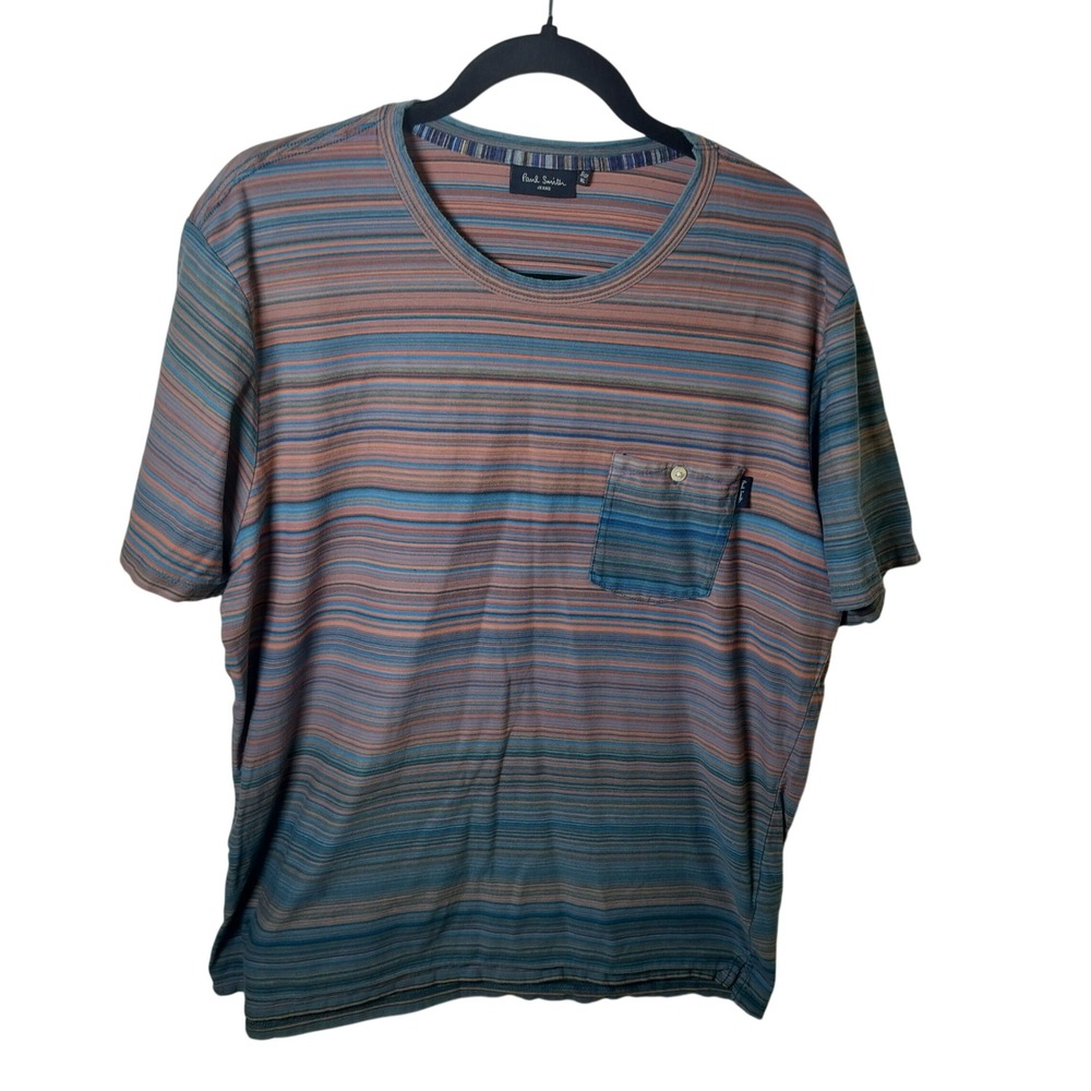 Paul Smith Jeans Mens XL Multi Color Striped Pocket T-Shirt Blue Orange Cotton